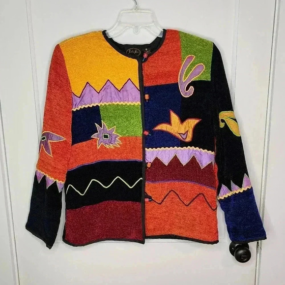 Julia Kim VTG Wearable Art Jacket Toggle Glass Buttons Size Small Abstract - Picture 1 of 4
